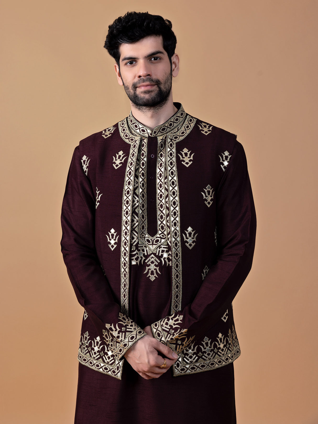 Amazing wine raw silk waistcoat set