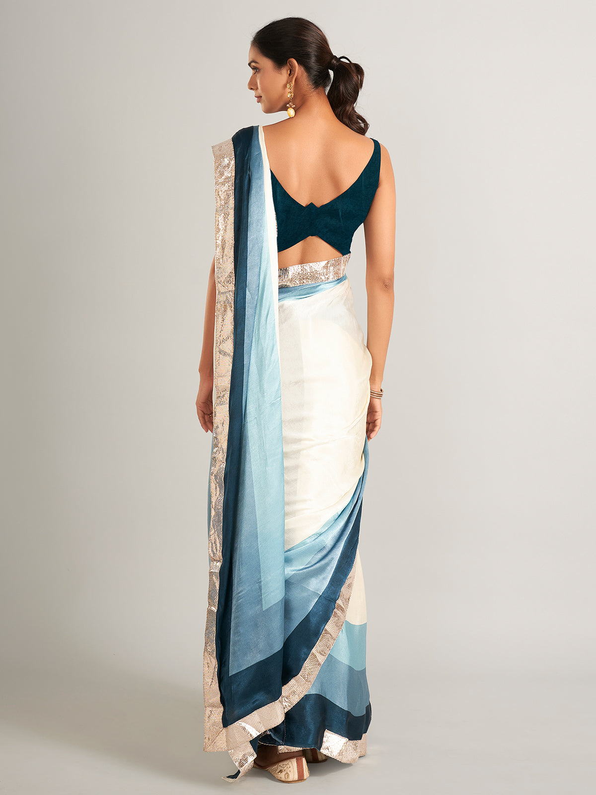 Appealing cream and blue masru silk saree