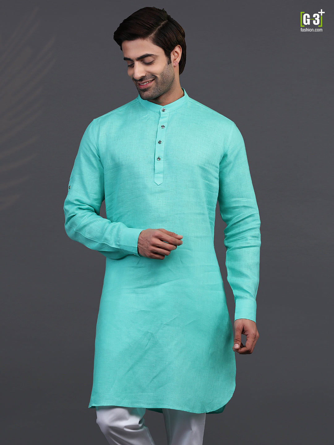 Aqua linen chinese collar only kurta