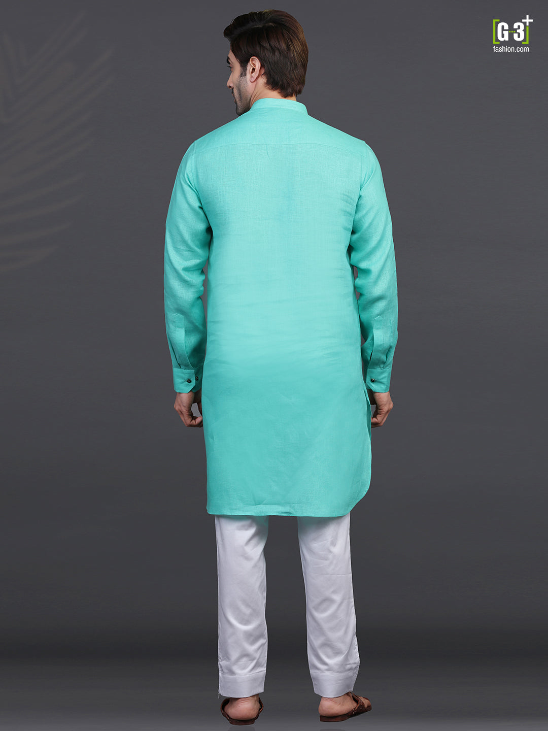 Aqua linen stand collar kurta pajama