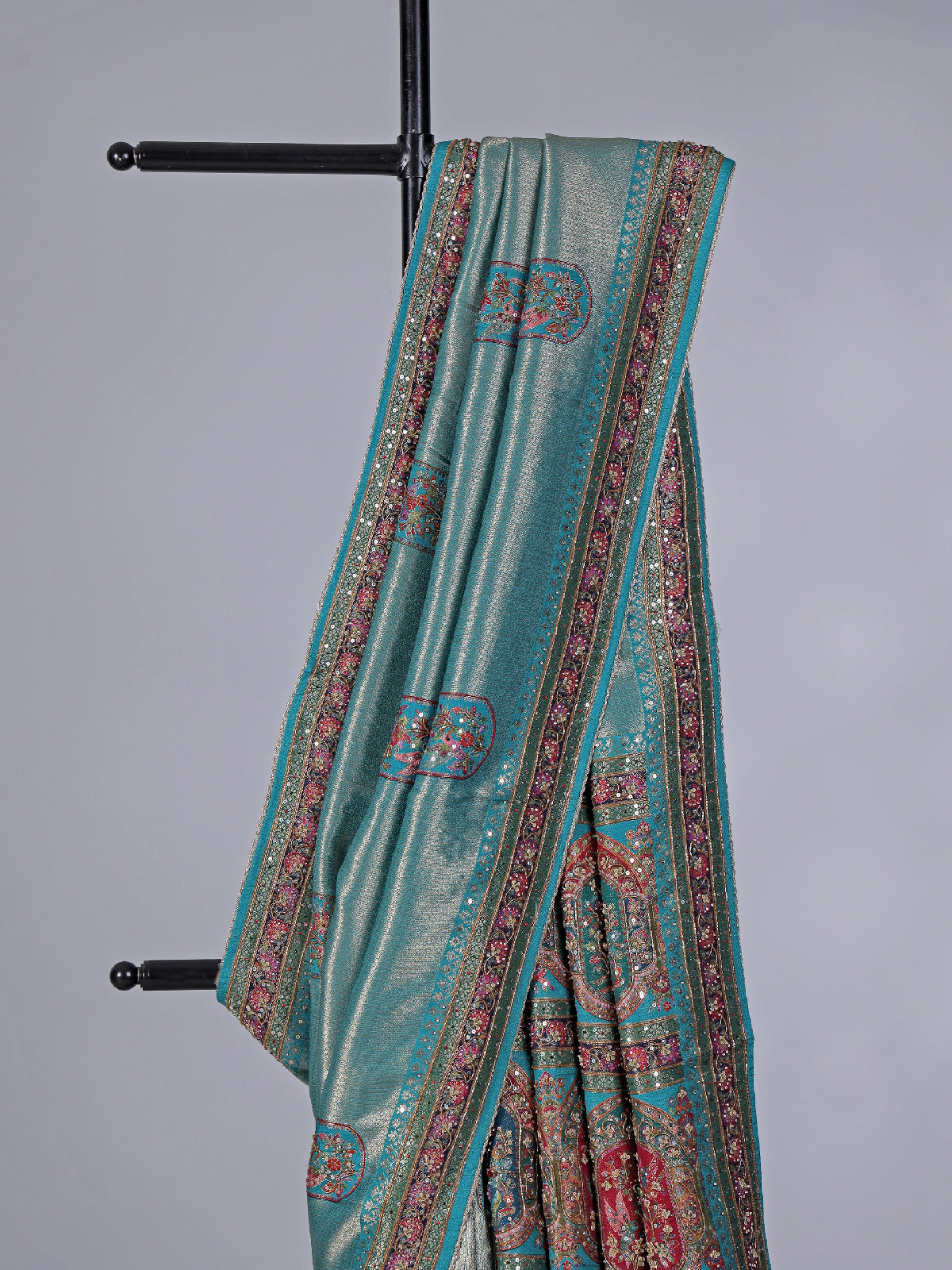 Aqua modal tissue silk saree with festive motifs