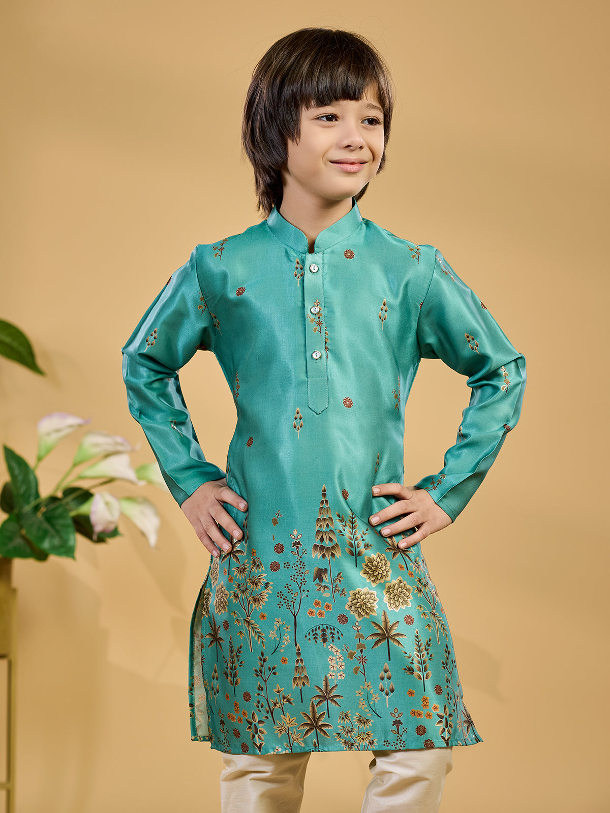 Aqua printed silk kurta suit for boys