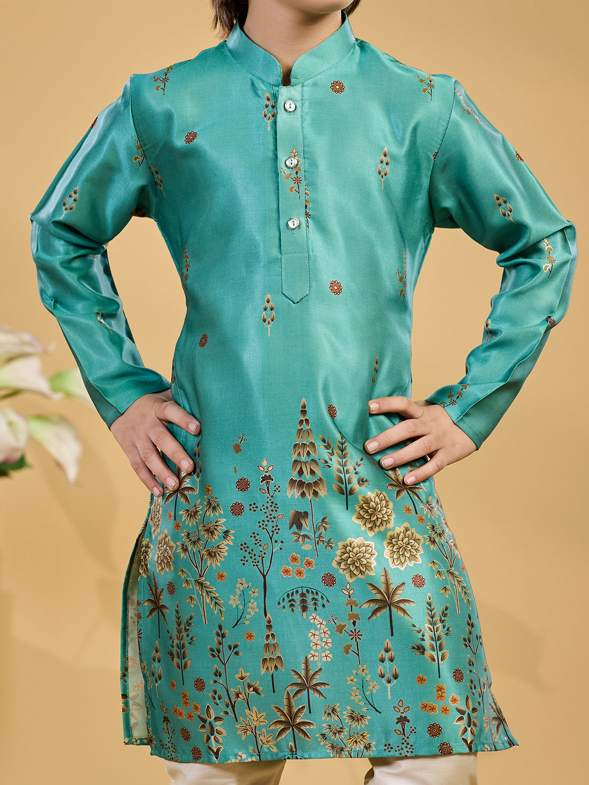 Aqua printed silk kurta suit for boys
