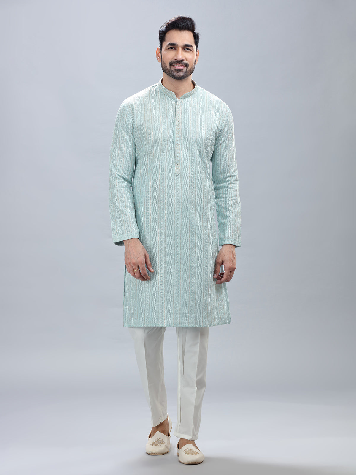 Aqua shade georgette kurta set for men