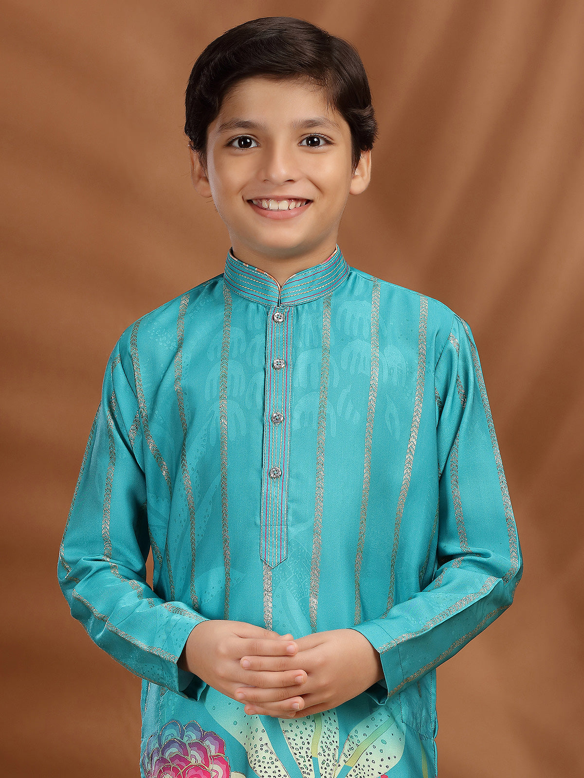 Aqua silk kurta pajama in printed