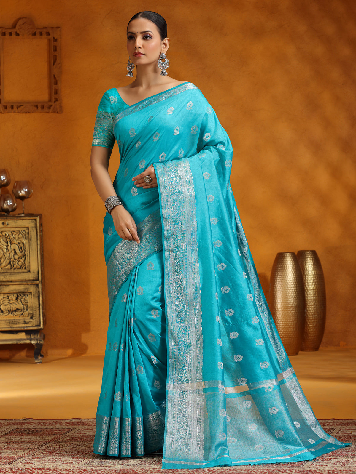 Aqua silk saree for festivals