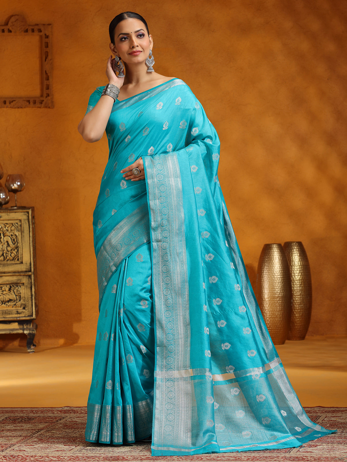 Aqua silk saree for festivals