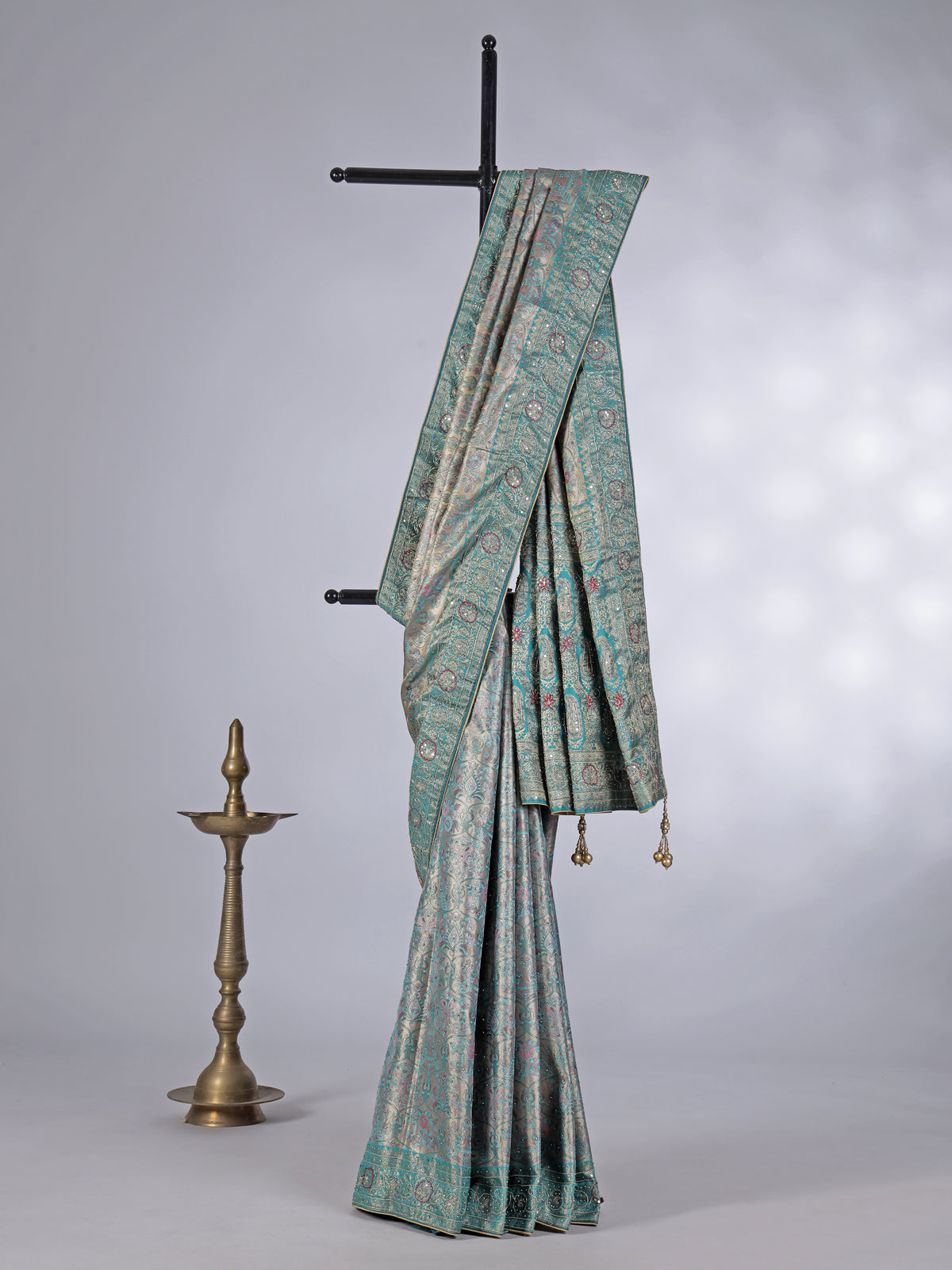 Aqua tissue silk kanjivaram heavy work saree