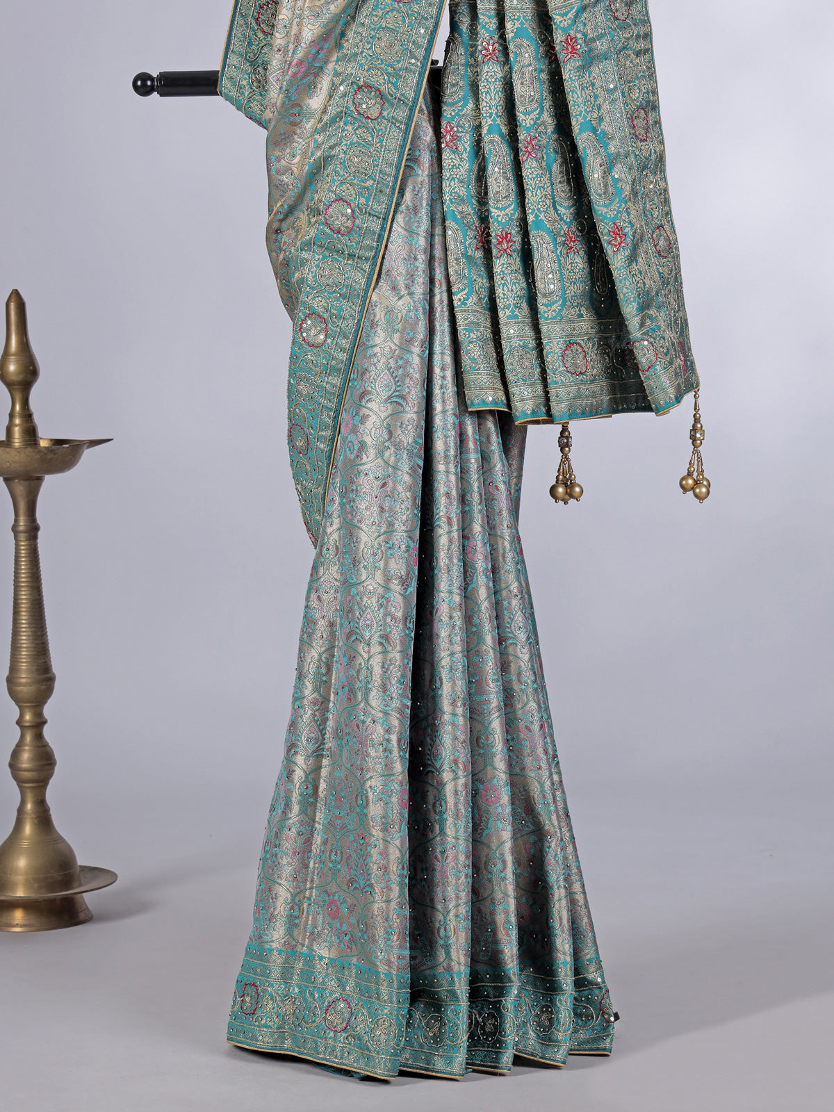 Aqua tissue silk kanjivaram heavy work saree
