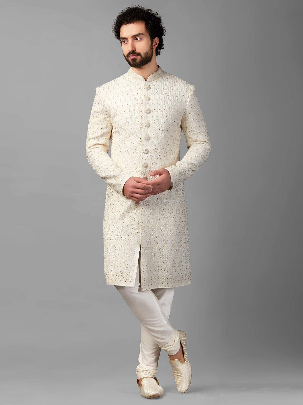 Awesome off-white silk sherwani for wedding