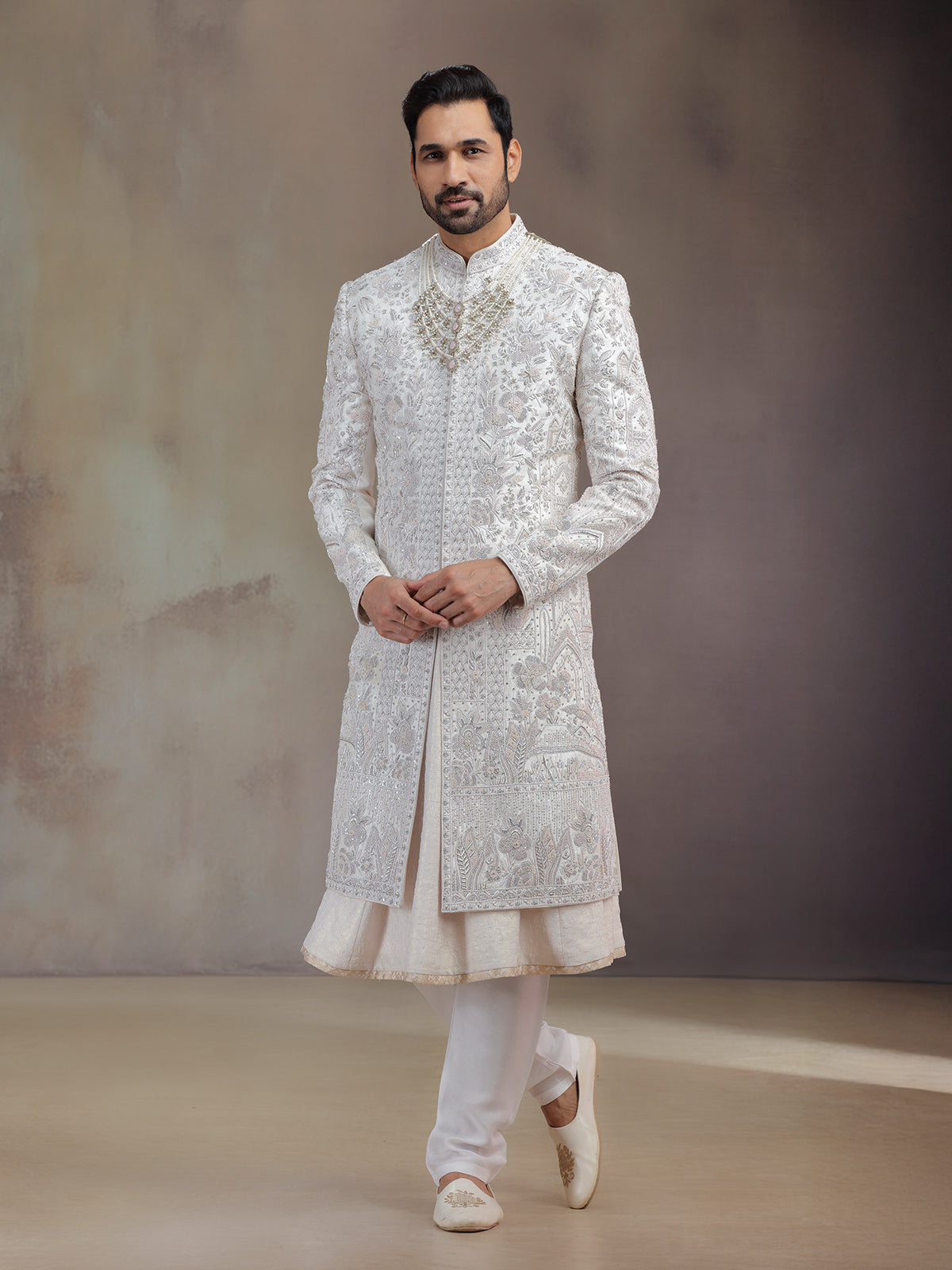 Baby pink peshwa silk groom sherwani