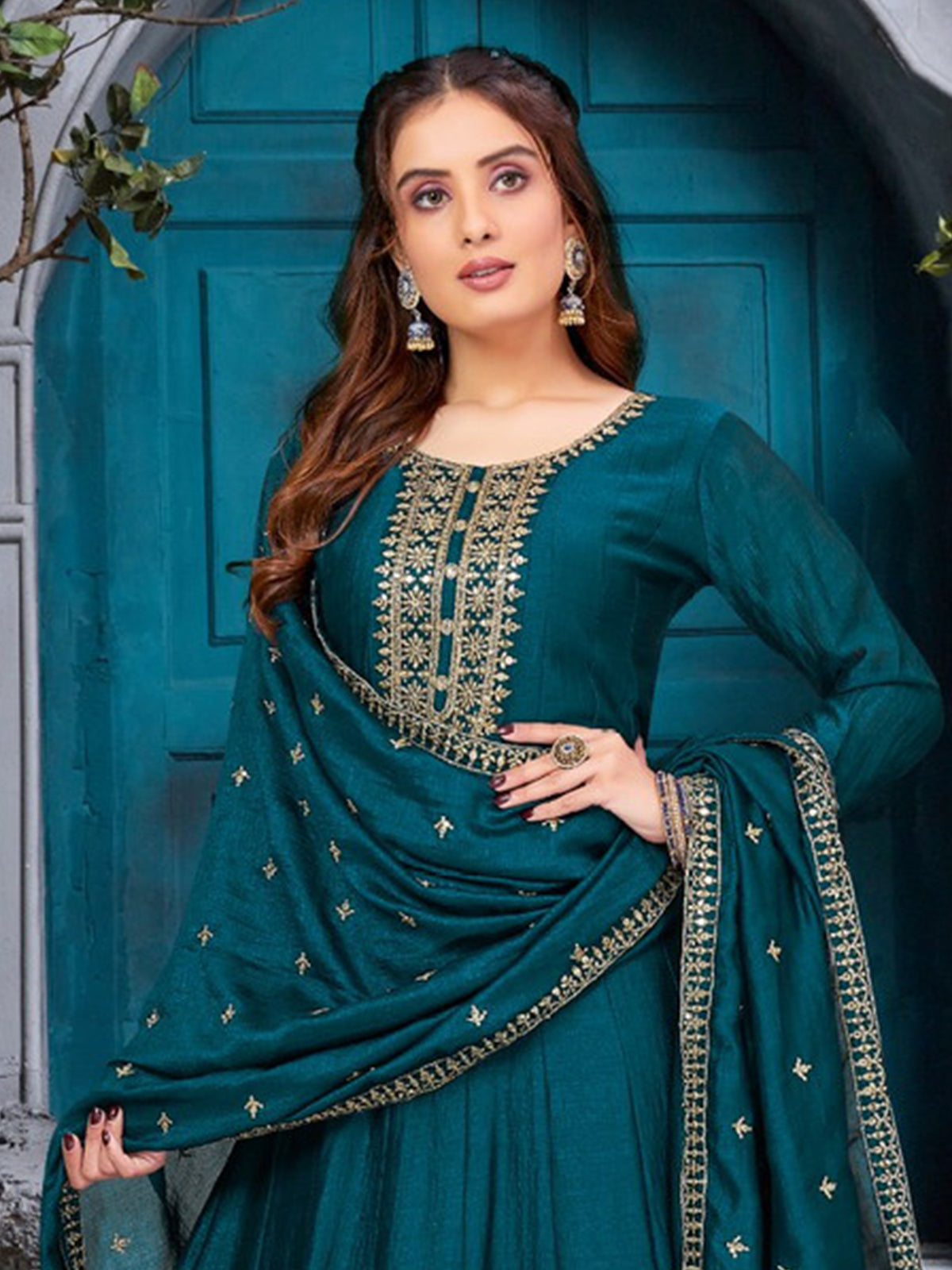 Beautiful rama blue anarkali suit in silk