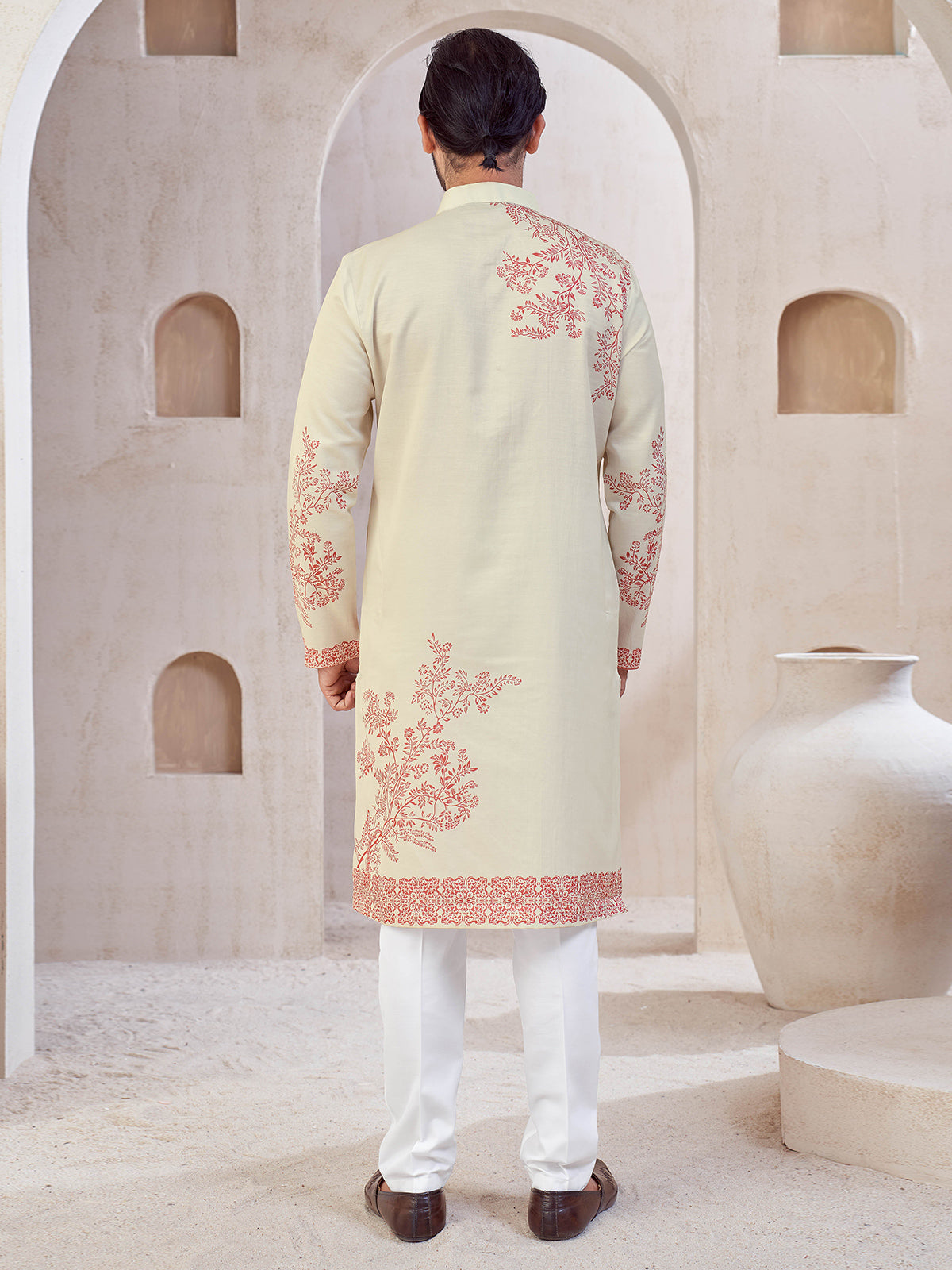 Beige cotton kurta pajama for festive wear