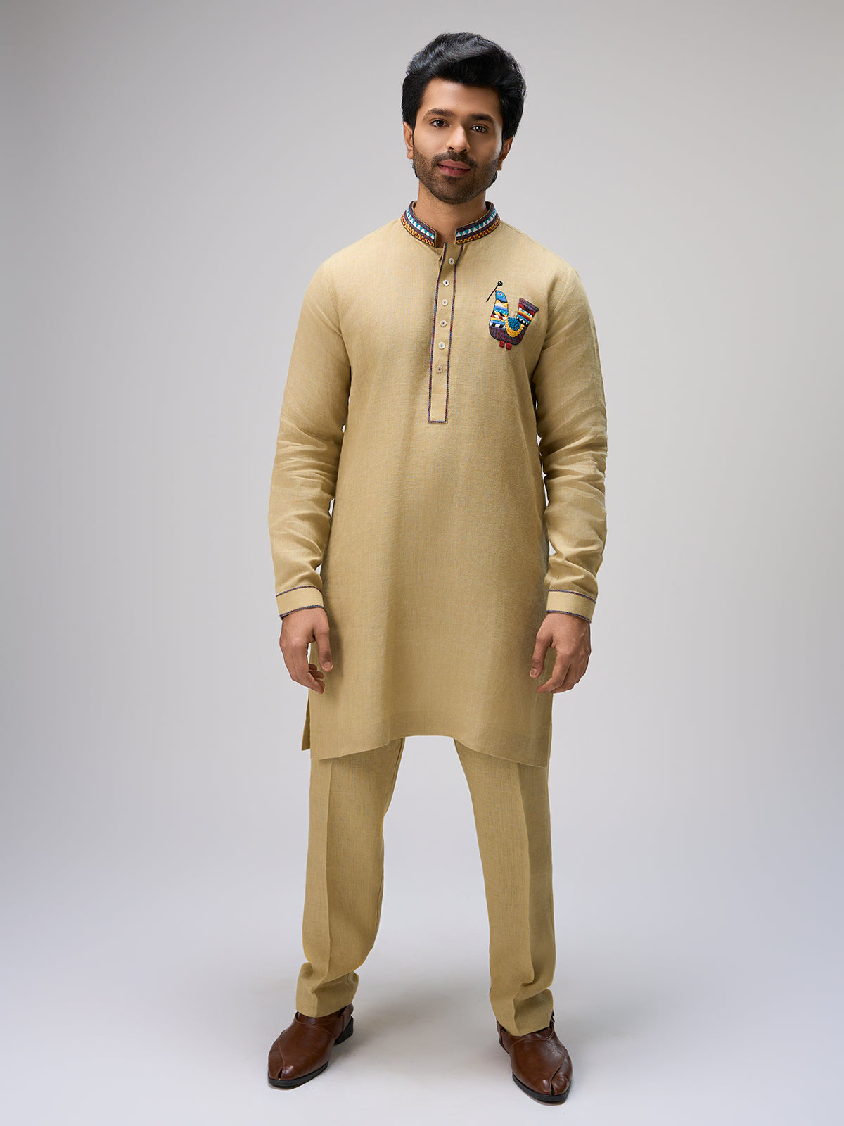 Beige embroidered bird kurta pajama men