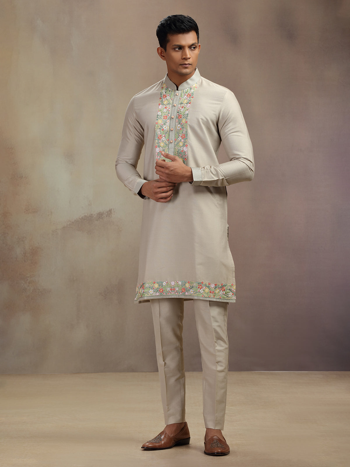 Beige festive wear banarasi silk kurta pajam