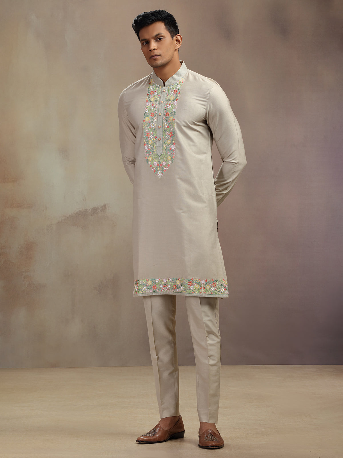 Beige festive wear banarasi silk kurta pajam