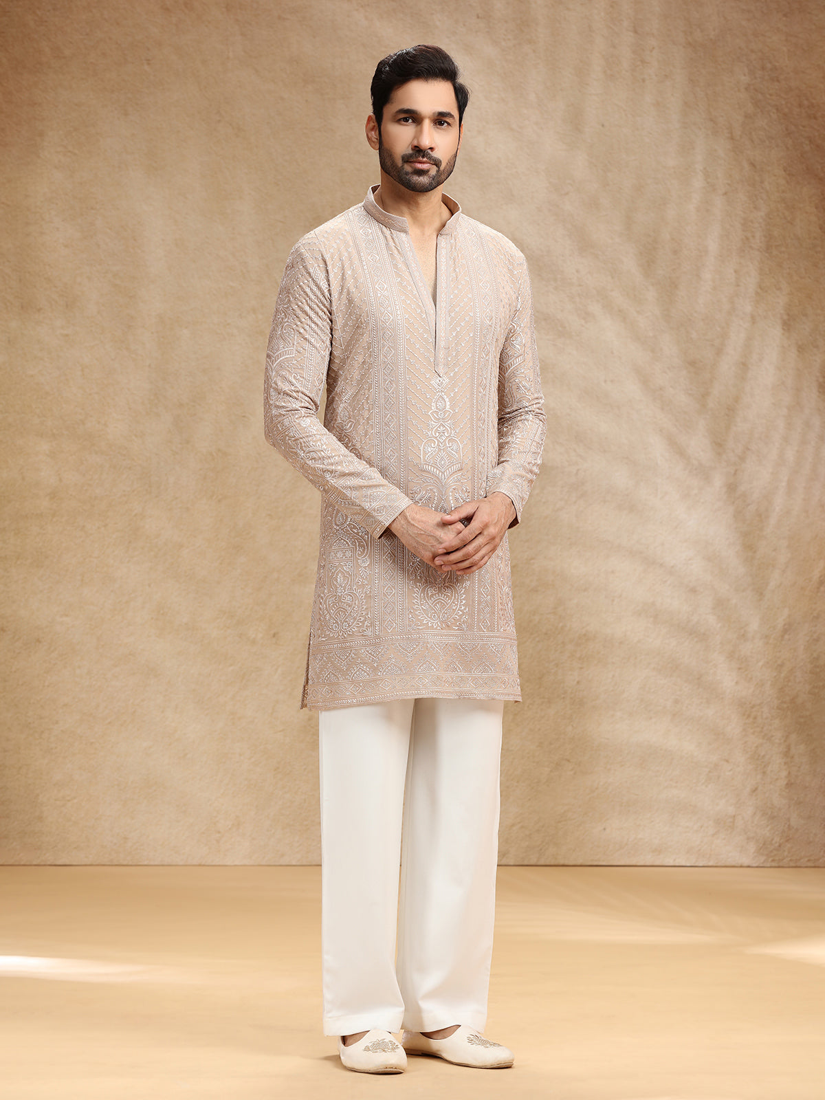 Beige georgette men kurta pajama with rich embroidery