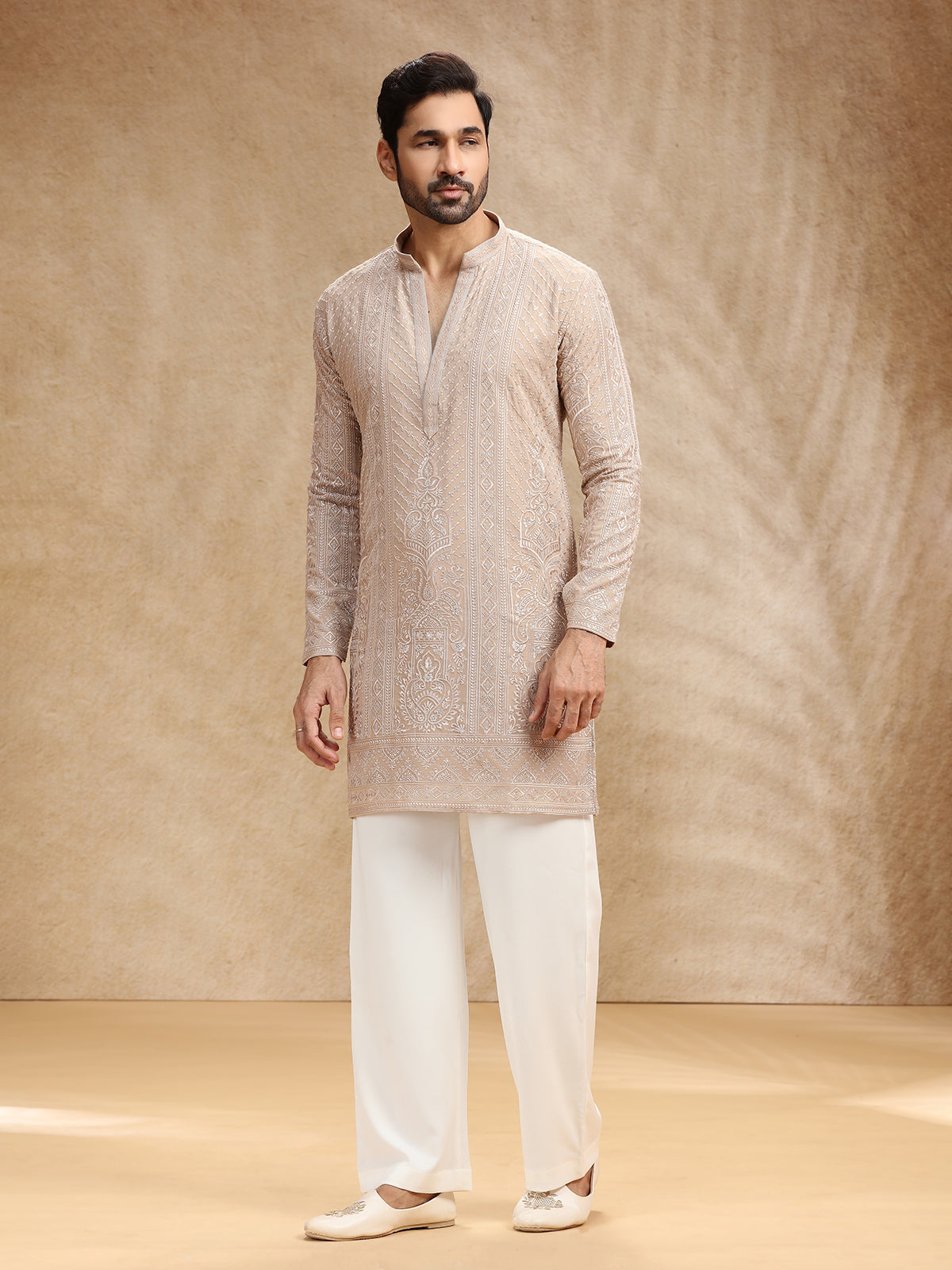 Beige georgette men kurta pajama with rich embroidery