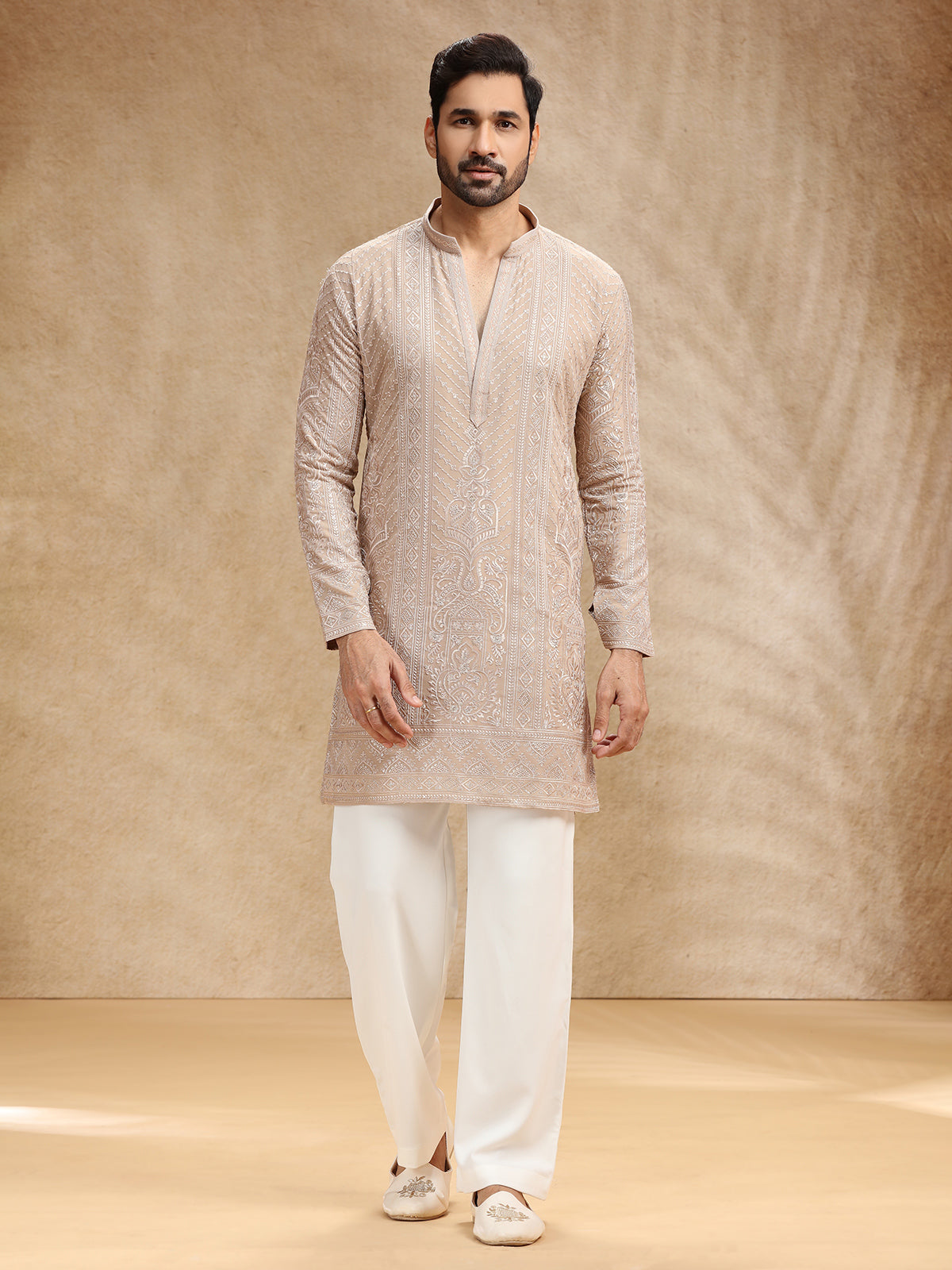 Beige georgette men kurta pajama with rich embroidery