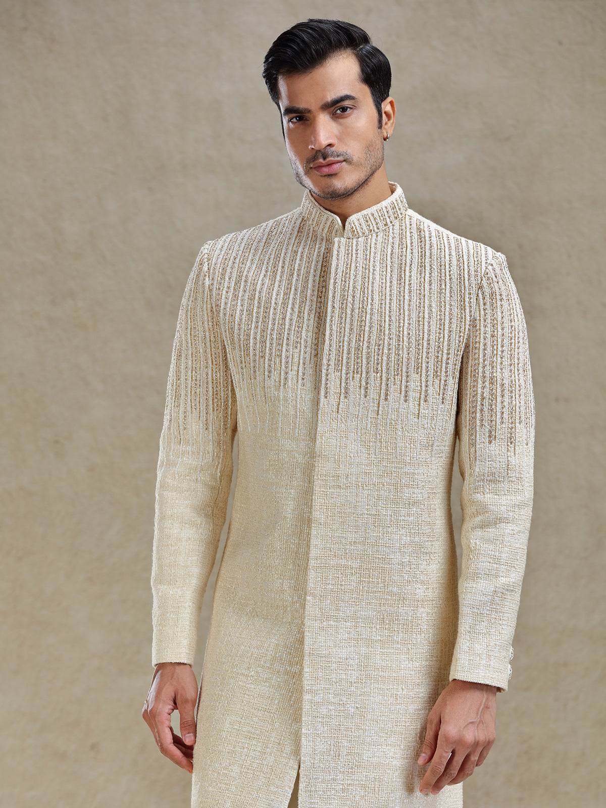 Beige long jacket style textured indo western set