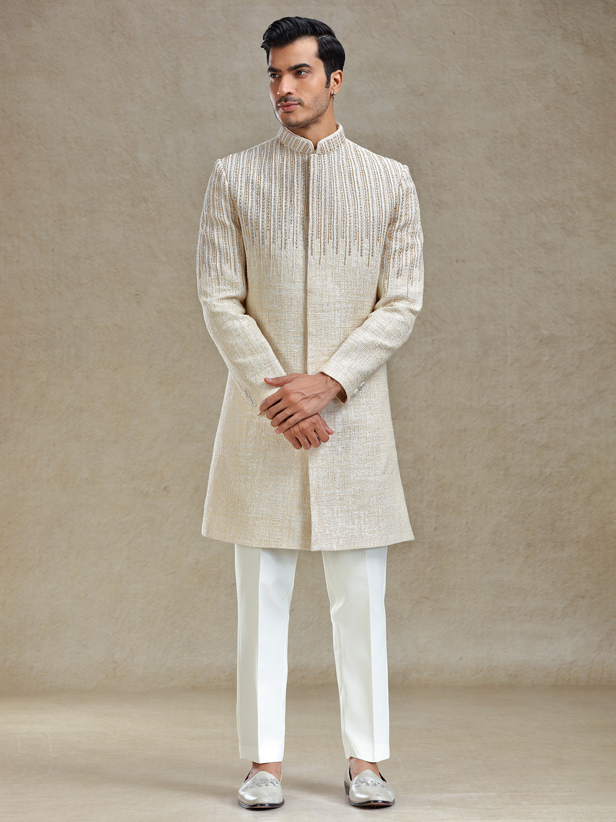 Beige long jacket style textured indo western set