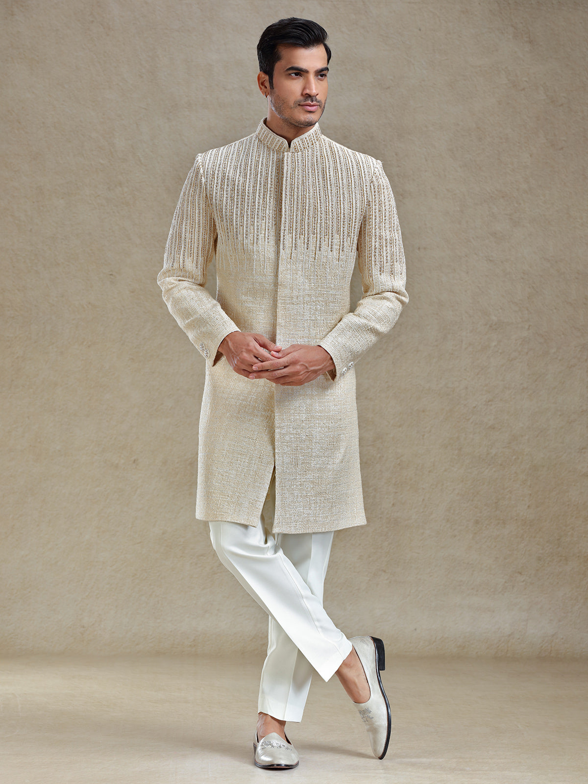 Beige long jacket style textured indo western set