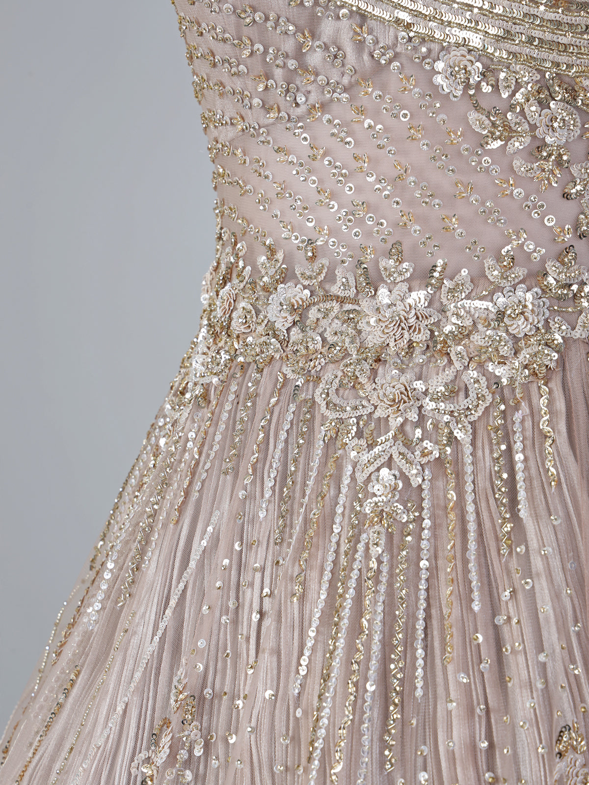 Beige net sleeveless sweetheart designer floor length gown