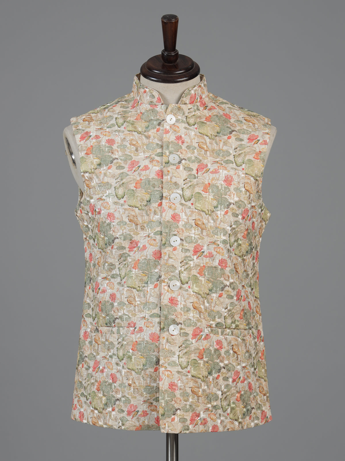 Beige printed cotton silk waistcoat for men