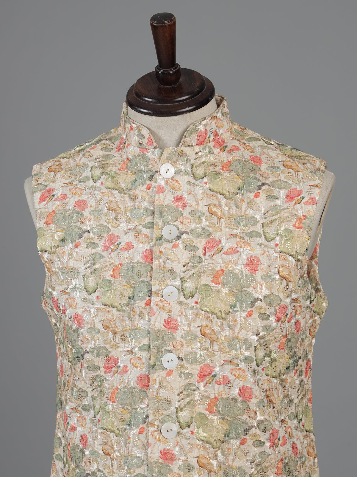 Beige printed cotton silk waistcoat for men