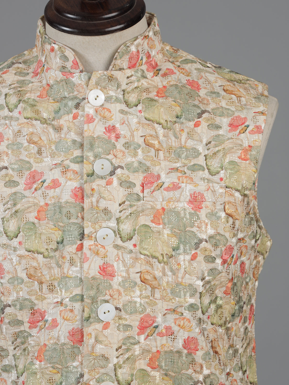 Beige printed cotton silk waistcoat for men