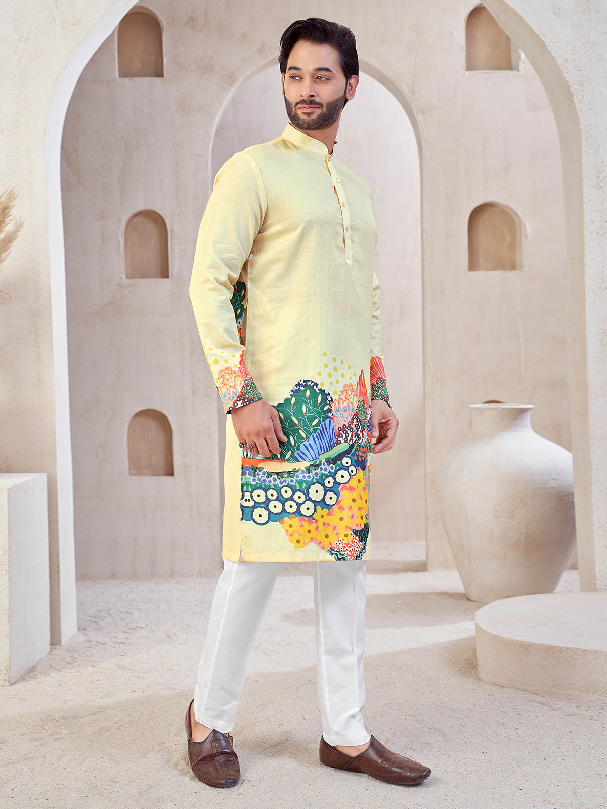 Beige printed festive wear kurta suit in cotton