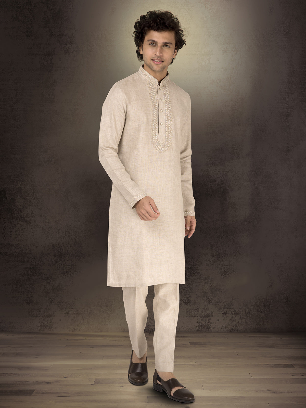 Beige pure linen kurta suit with cutdana and sequins work