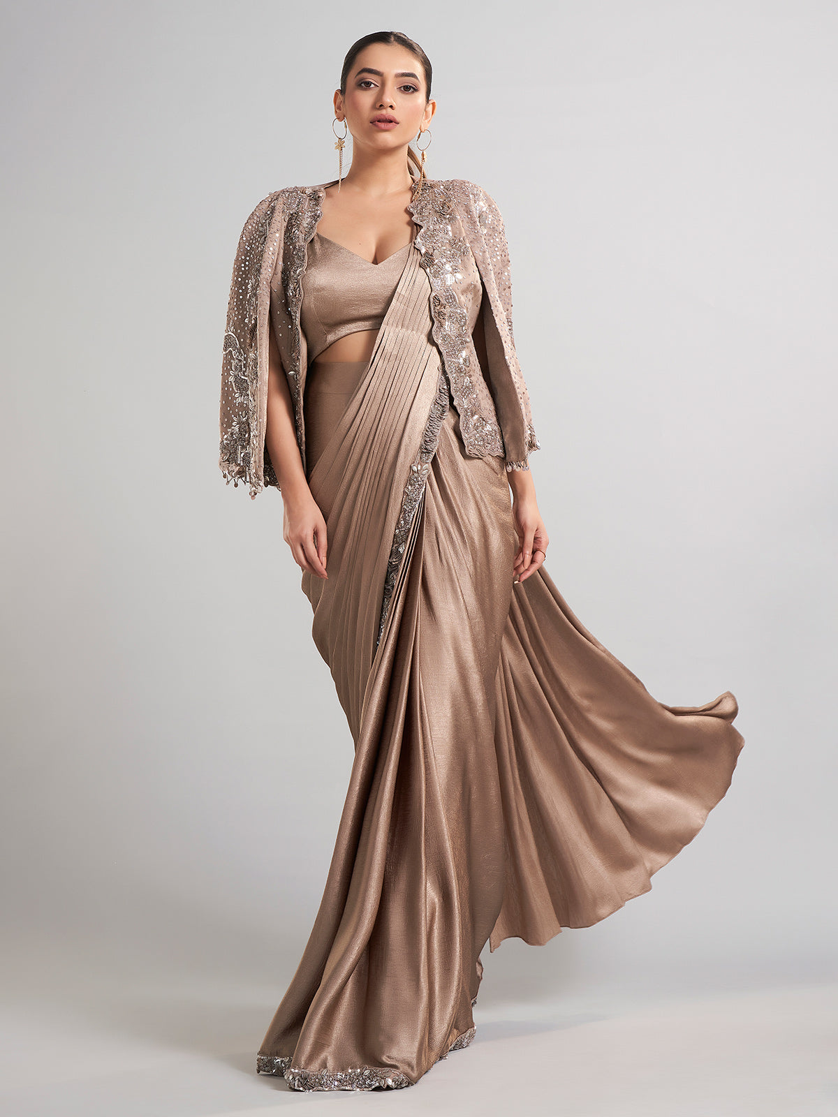 Beige satin silk saree with designer jacket style blouse