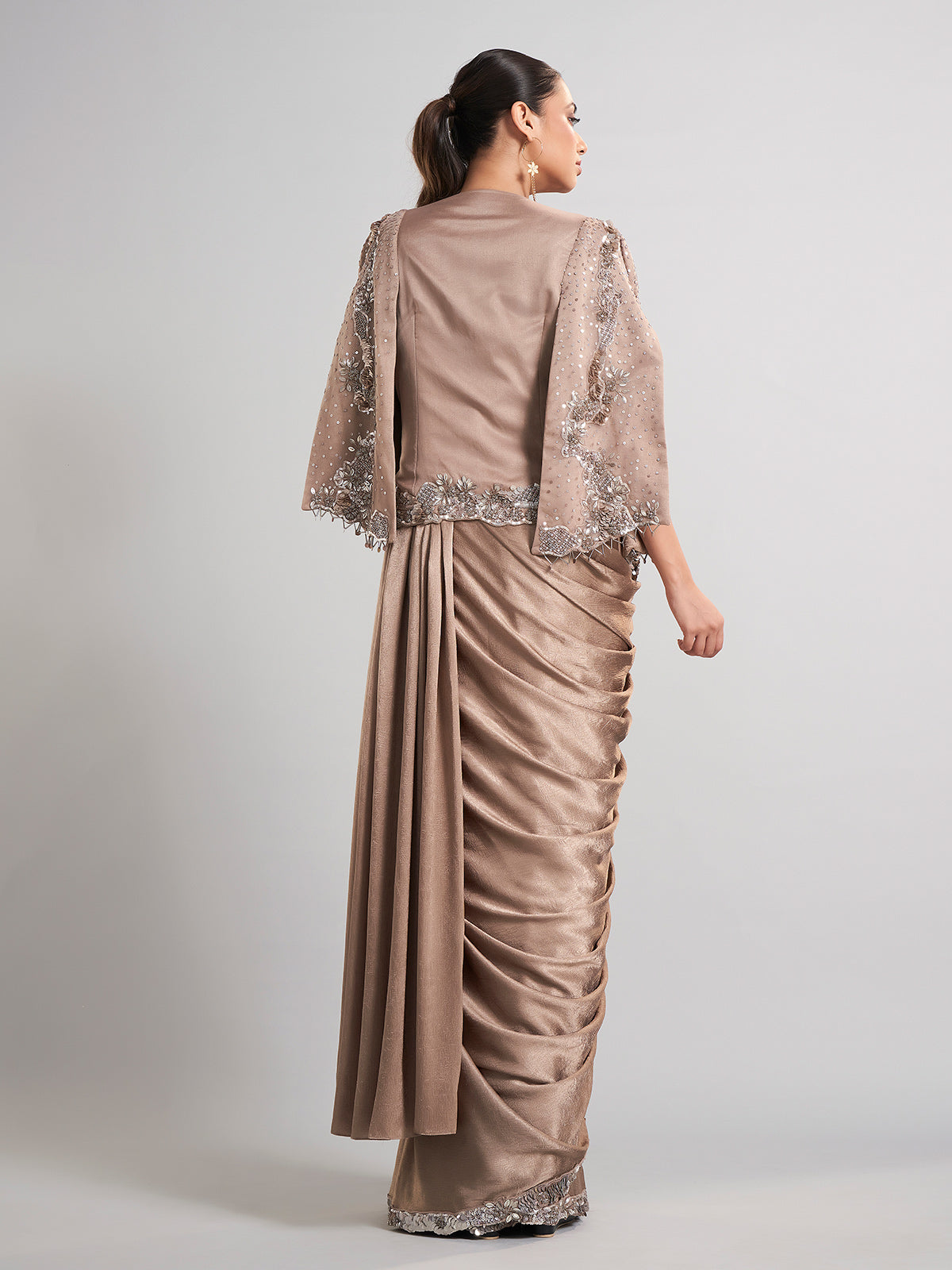 Beige satin silk saree with designer jacket style blouse