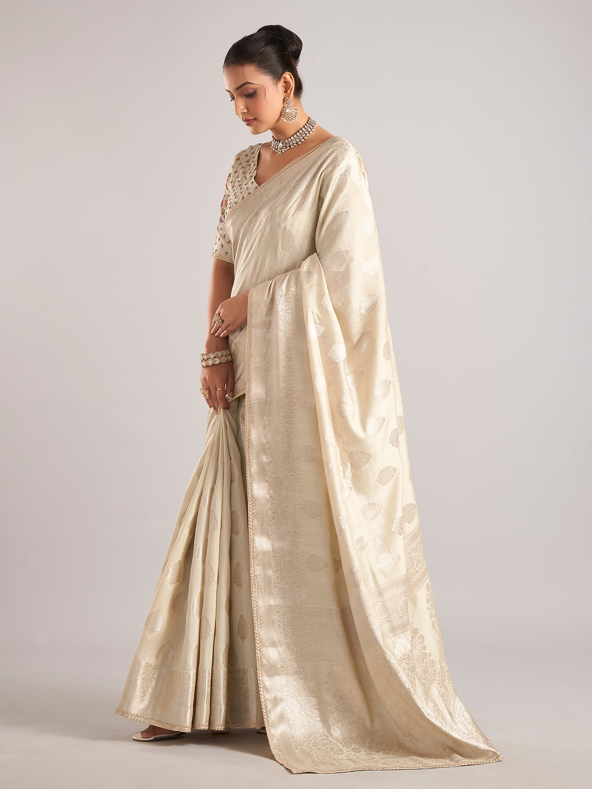 Beige silk saree with ready made blouse for women