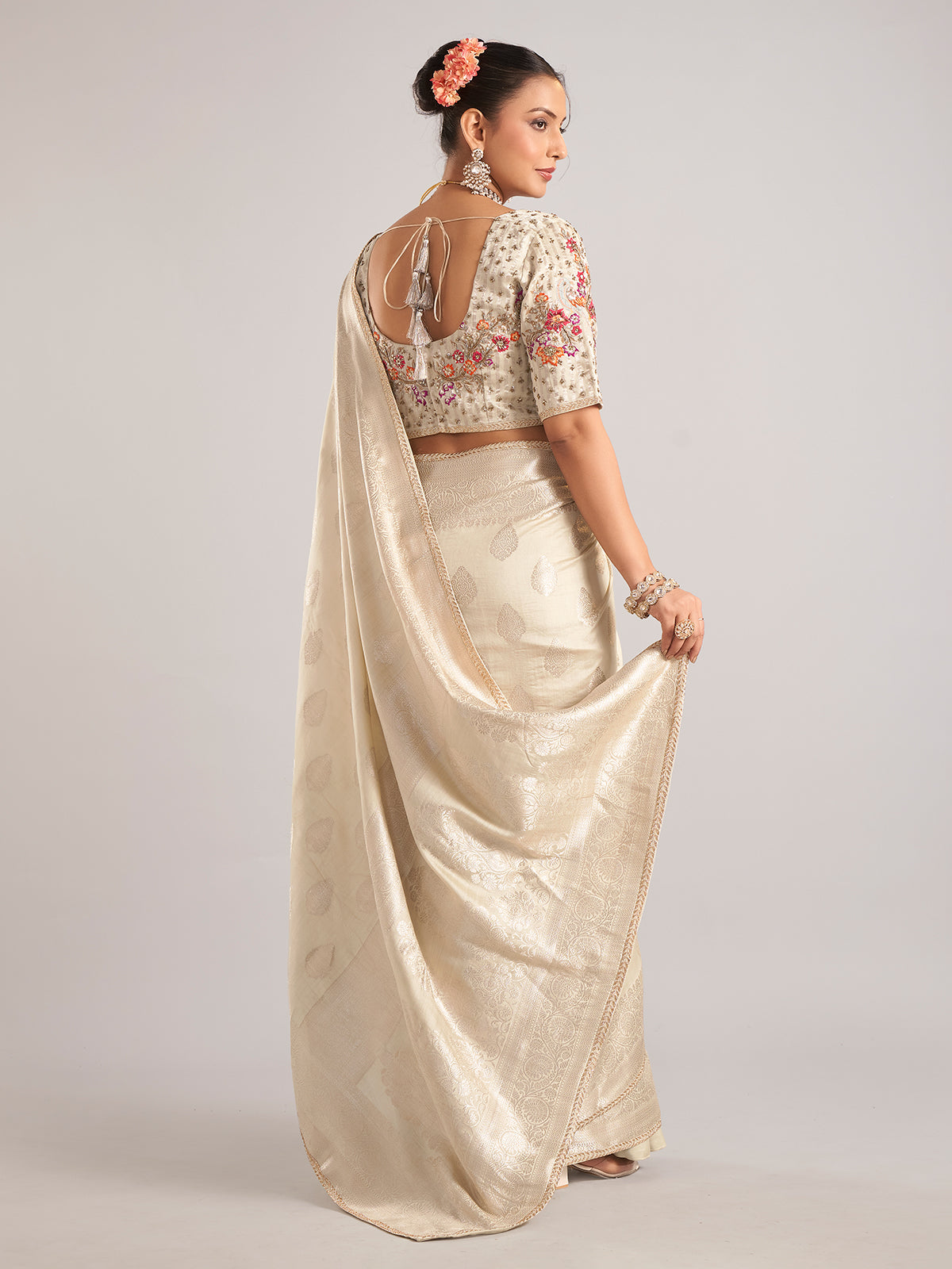 Beige silk saree with ready made blouse for women