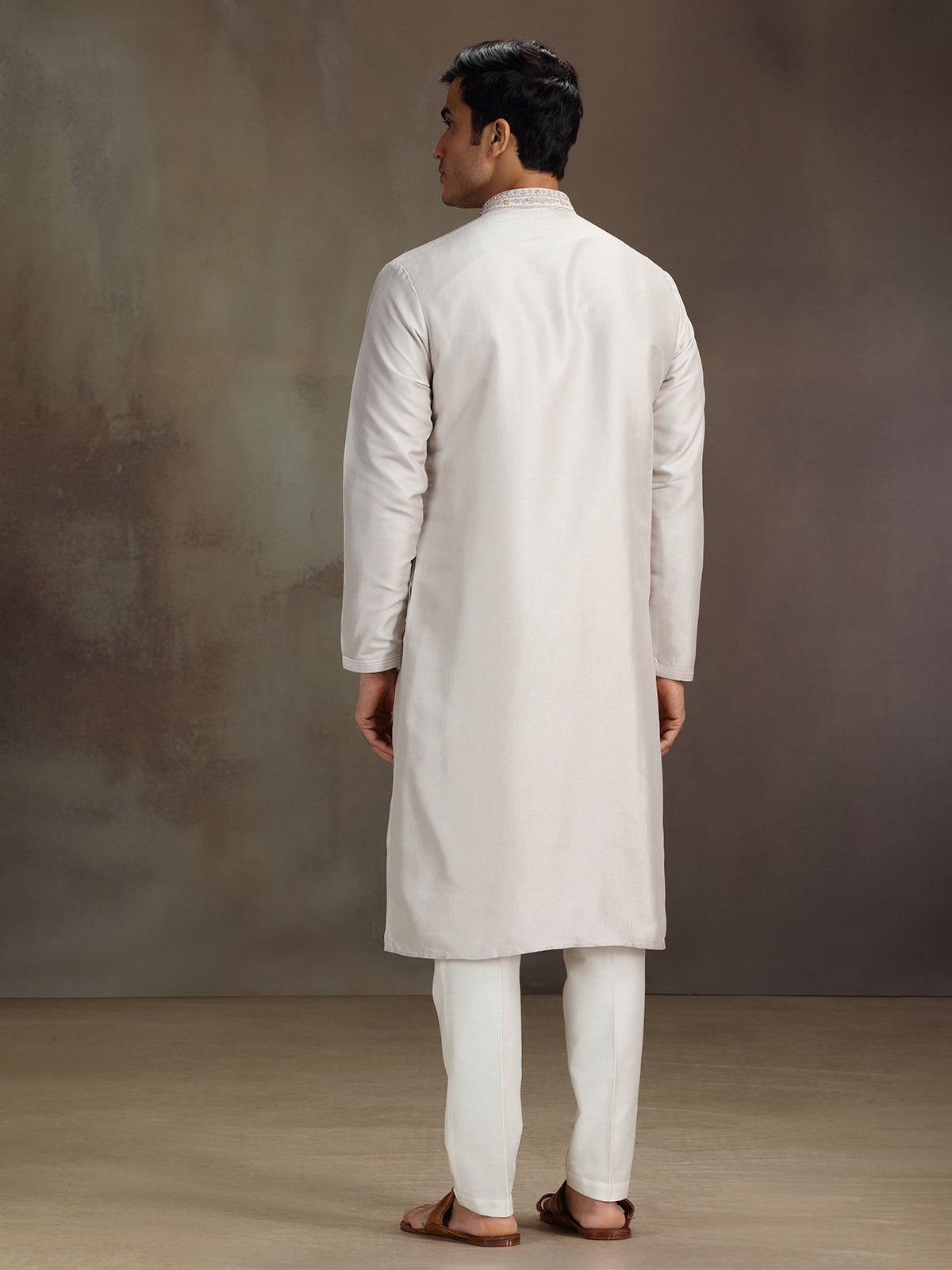 Beige silk sequined work kurta suit for festive