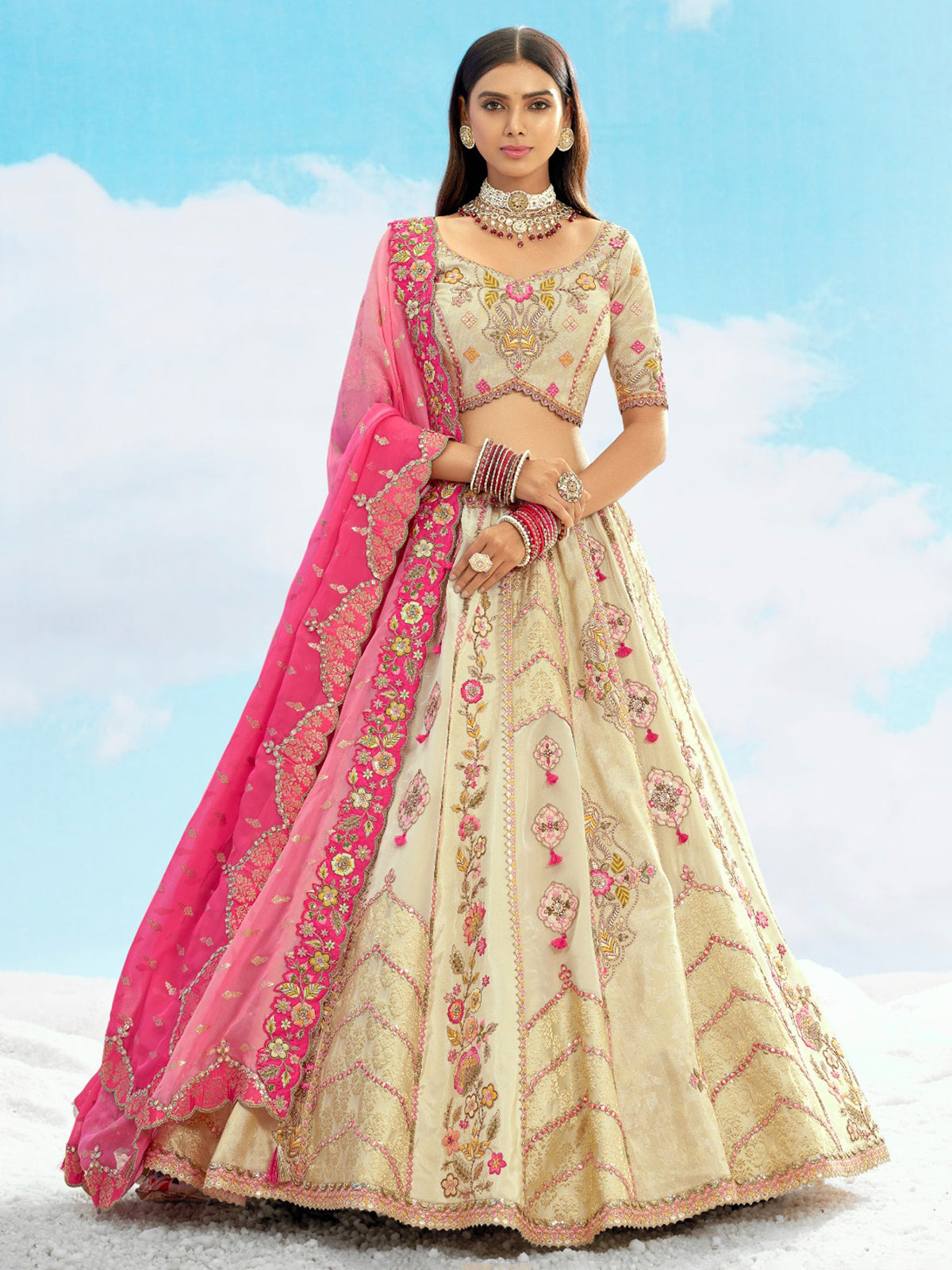 Beige silk unstitched lehenga choli for wedding