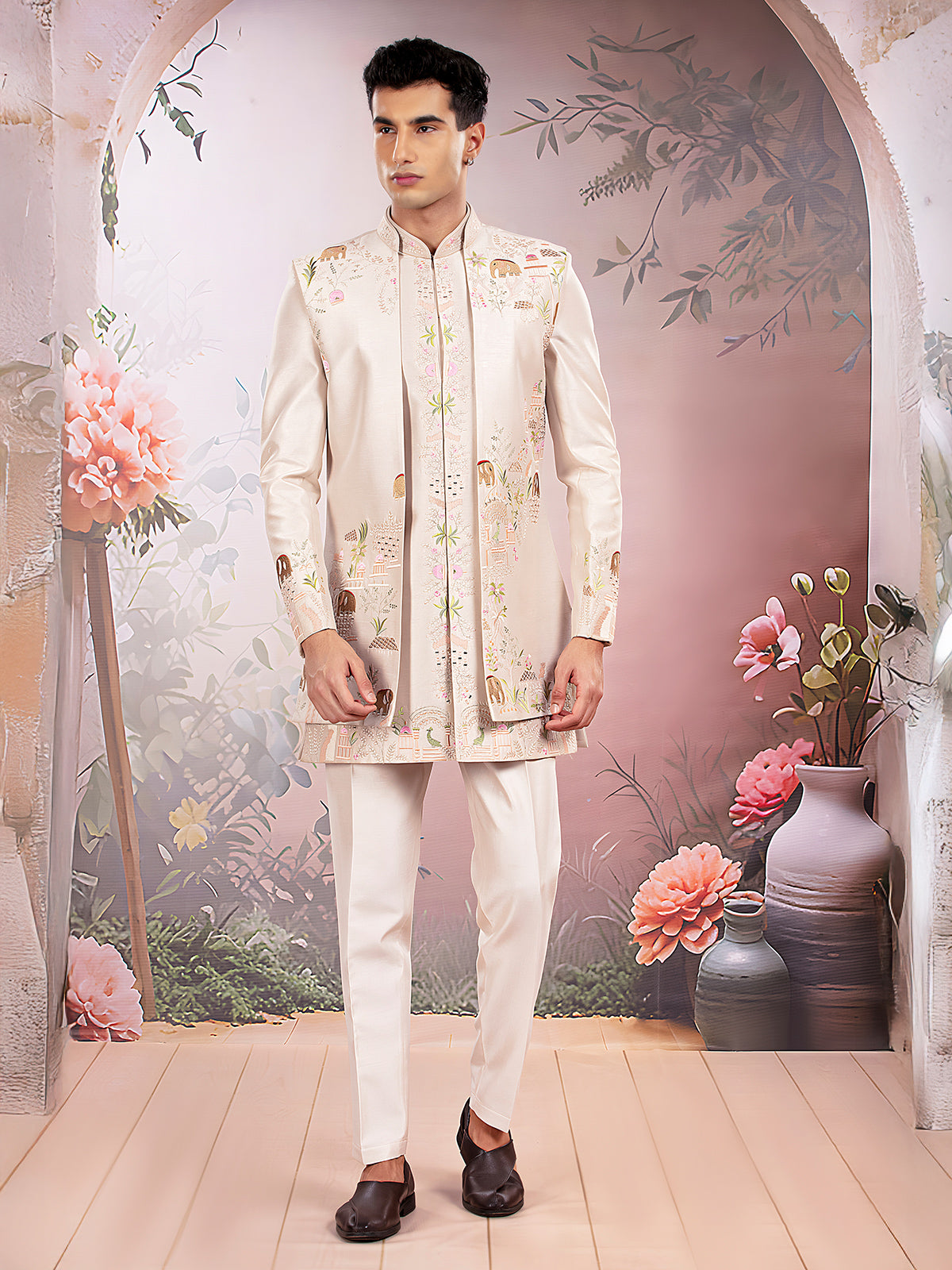 Beige silk waistcoat set for wedding celebration