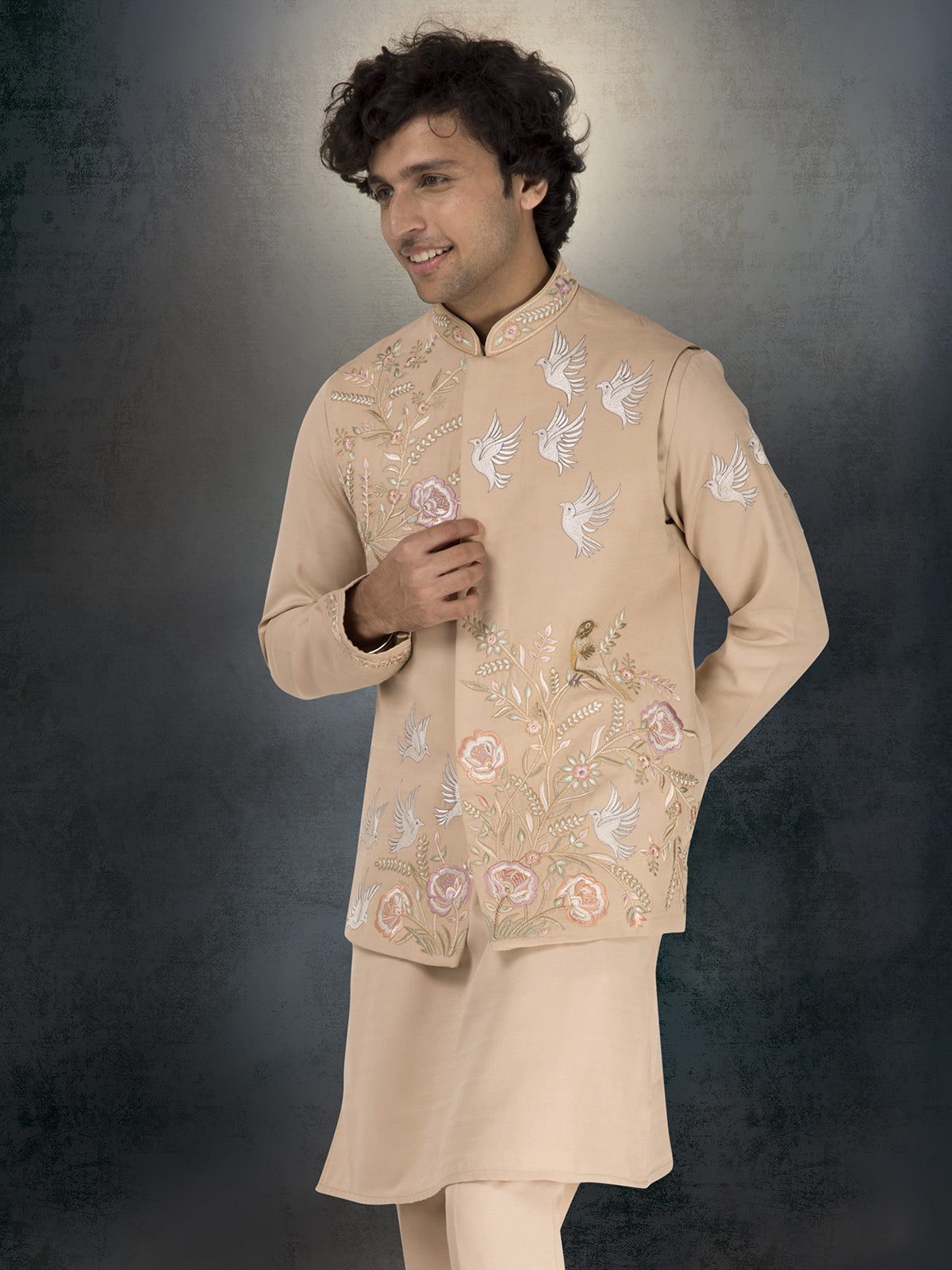Beige silk waistcoat set with embroidery and stone work