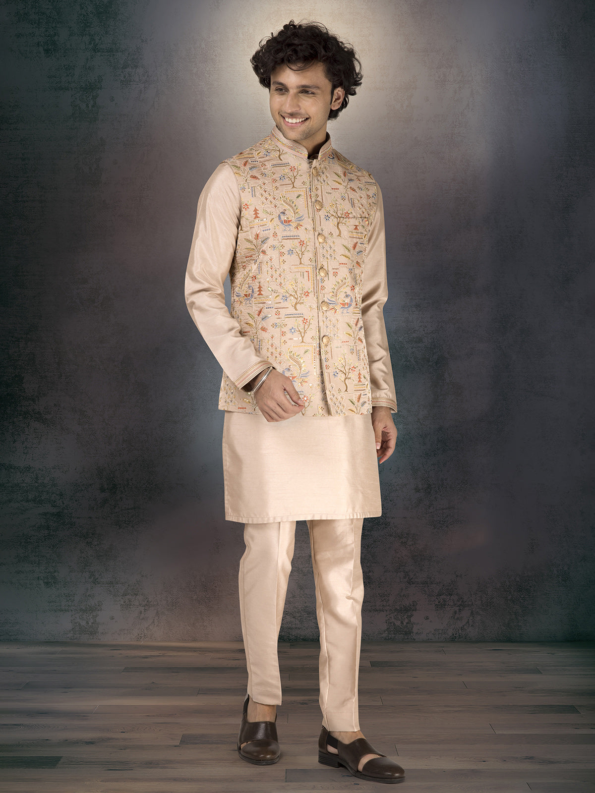 Beige silk waistcoat set with thread and sequins work