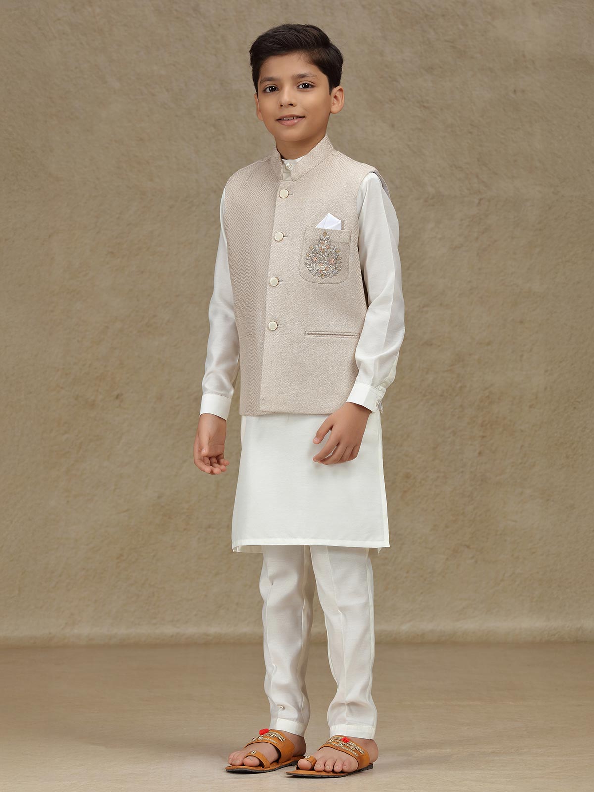 Beige silk wedding wear waistcoat set for boys