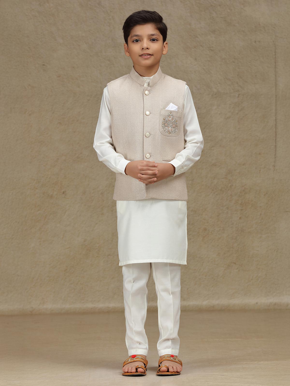 Beige silk wedding wear waistcoat set for boys
