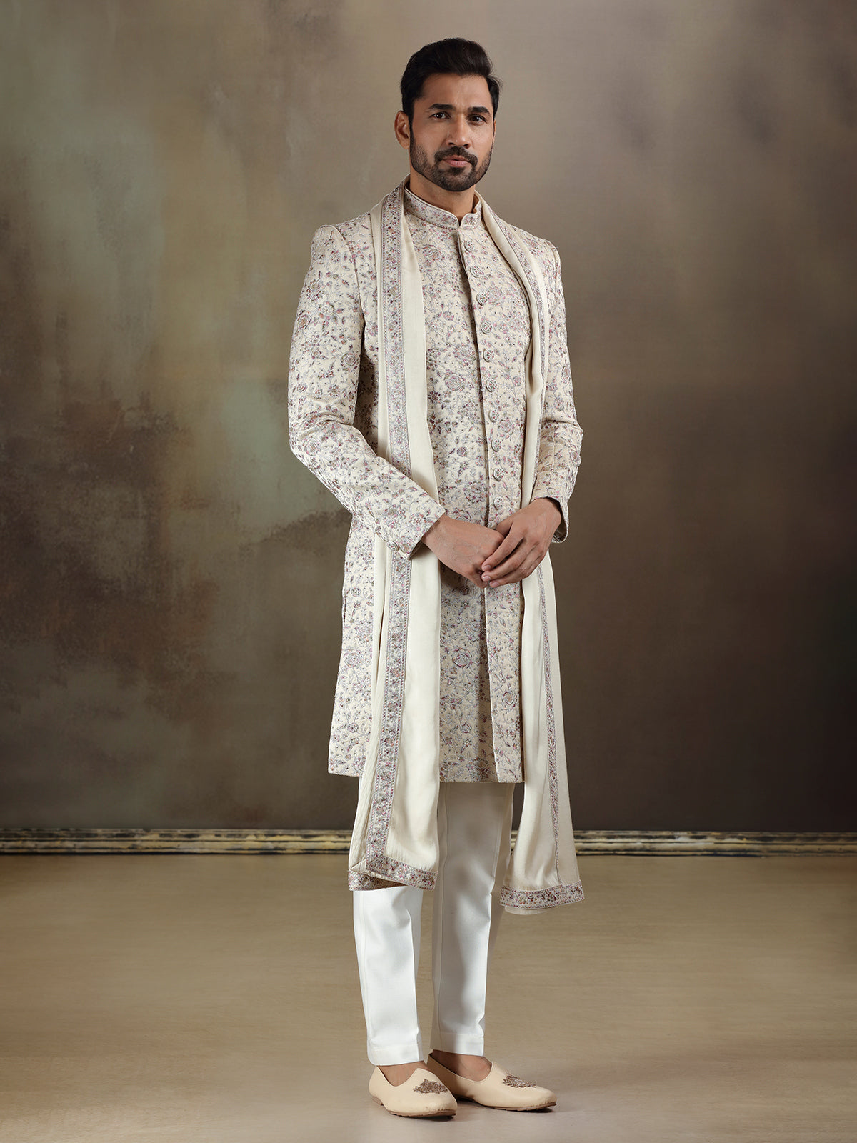 Beige tava silk sherwani with dupatta for mens