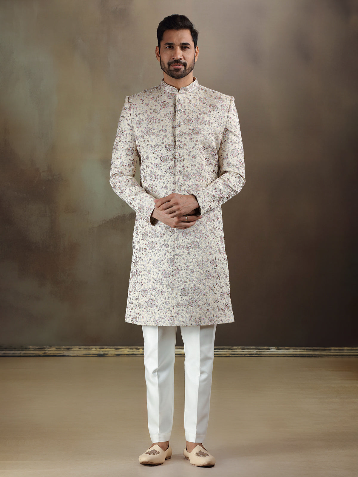 Beige tava silk sherwani with dupatta for mens