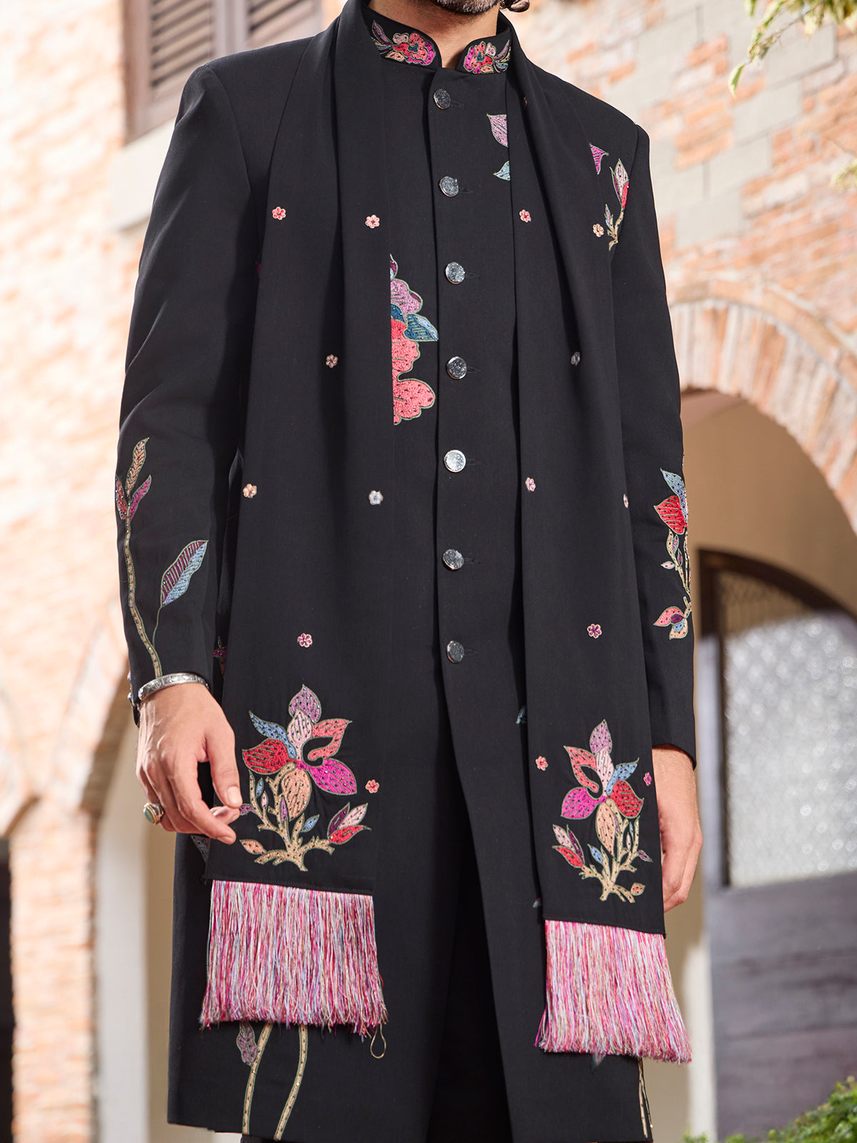 Black art silk stone work indo western with dupatta