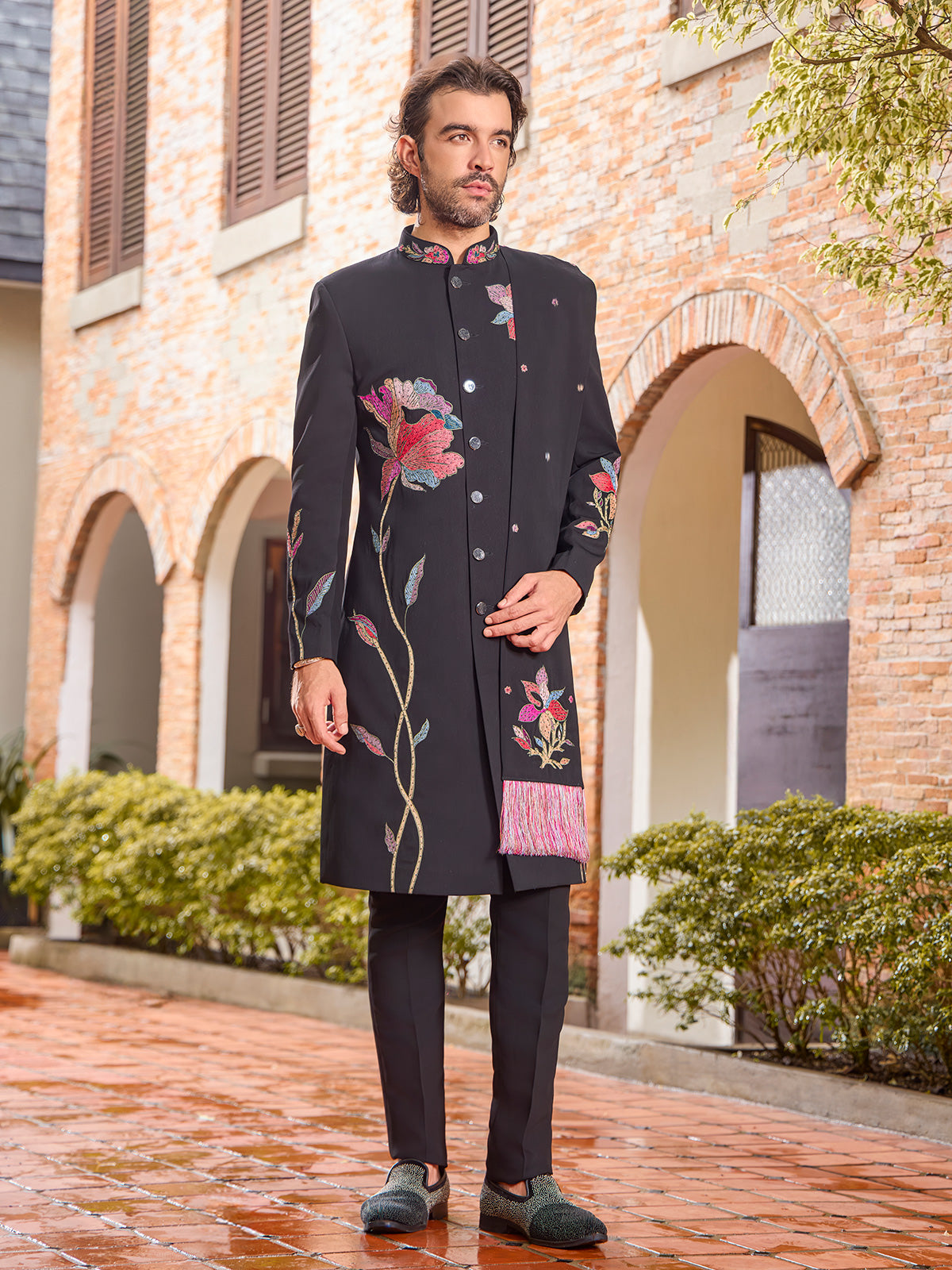 Black art silk stone work indo western with dupatta
