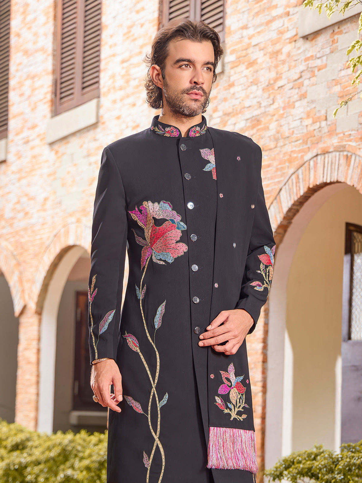 Black art silk stone work indo western with dupatta