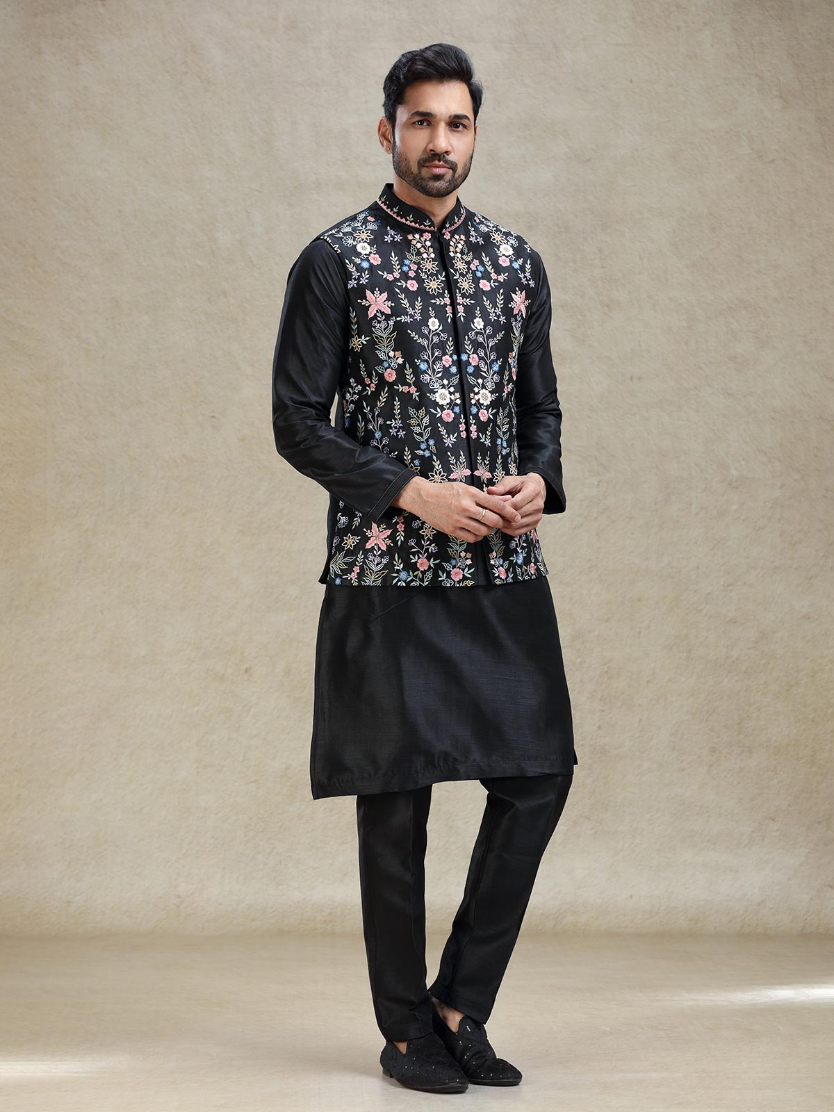Black classy silk crafted waistcoat set for various occasion