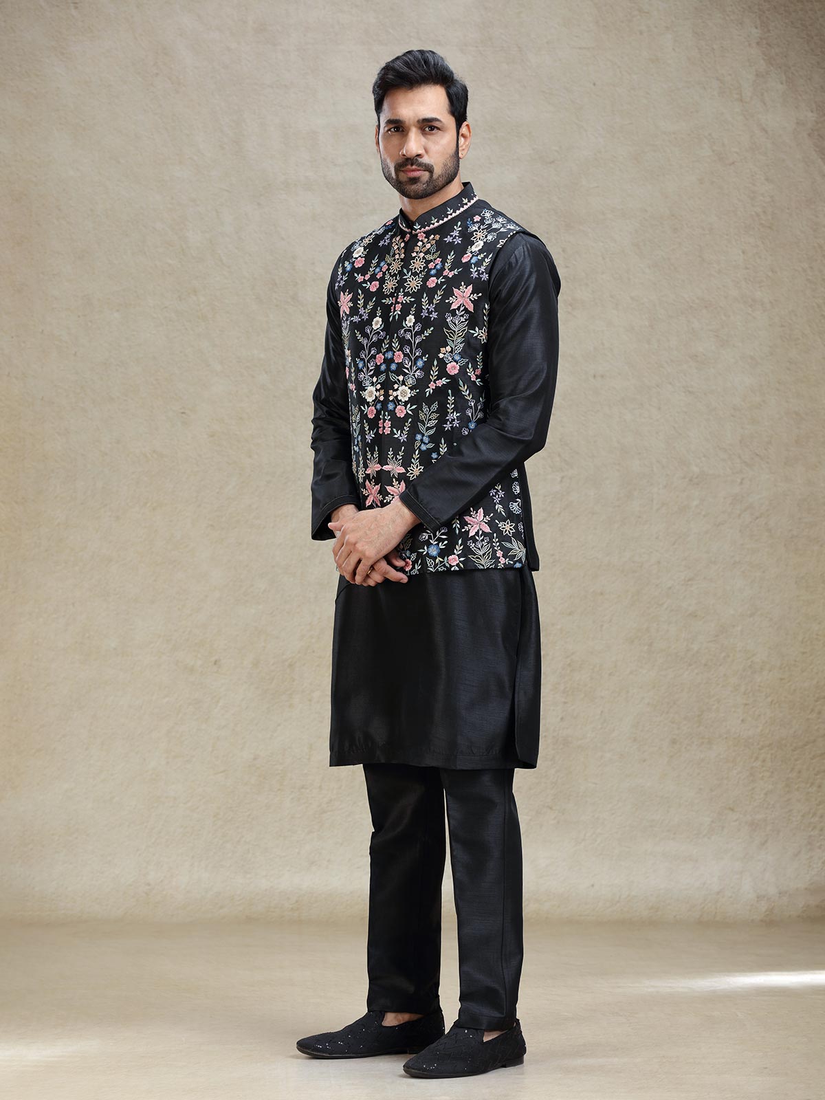Black classy silk crafted waistcoat set for various occasion